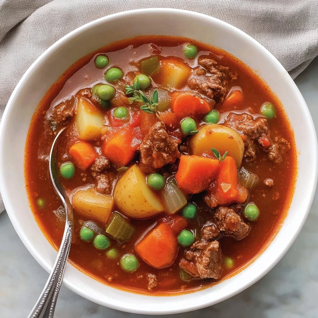 Delicious slow cooker minced beef stew in a bowl with fresh herbs and vegetables