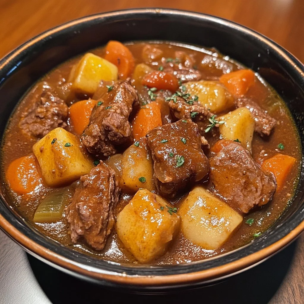 Bowl of Slow Cooker Poor Man's Stew with vegetables and meat.