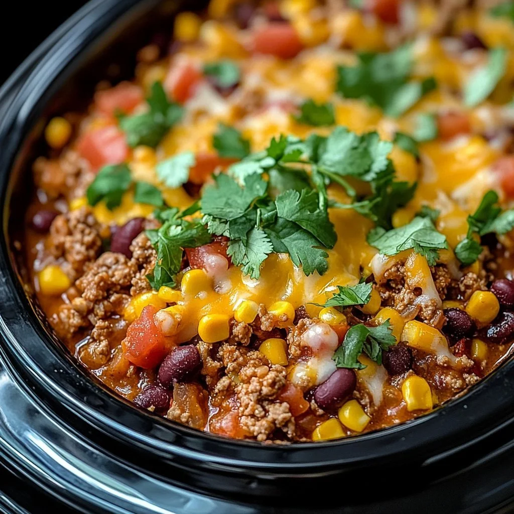 Delicious slow cooker taco bake topped with cheese and fresh toppings