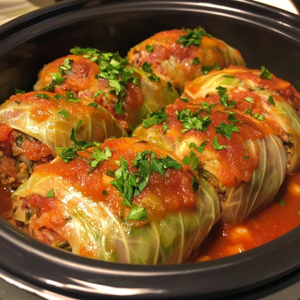 Bowl of slow cooker unstuffed cabbage rolls with rice and tomato sauce