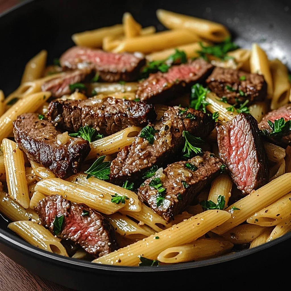 Spicy garlic butter Parmesan steak pasta served in a bowl with herbs