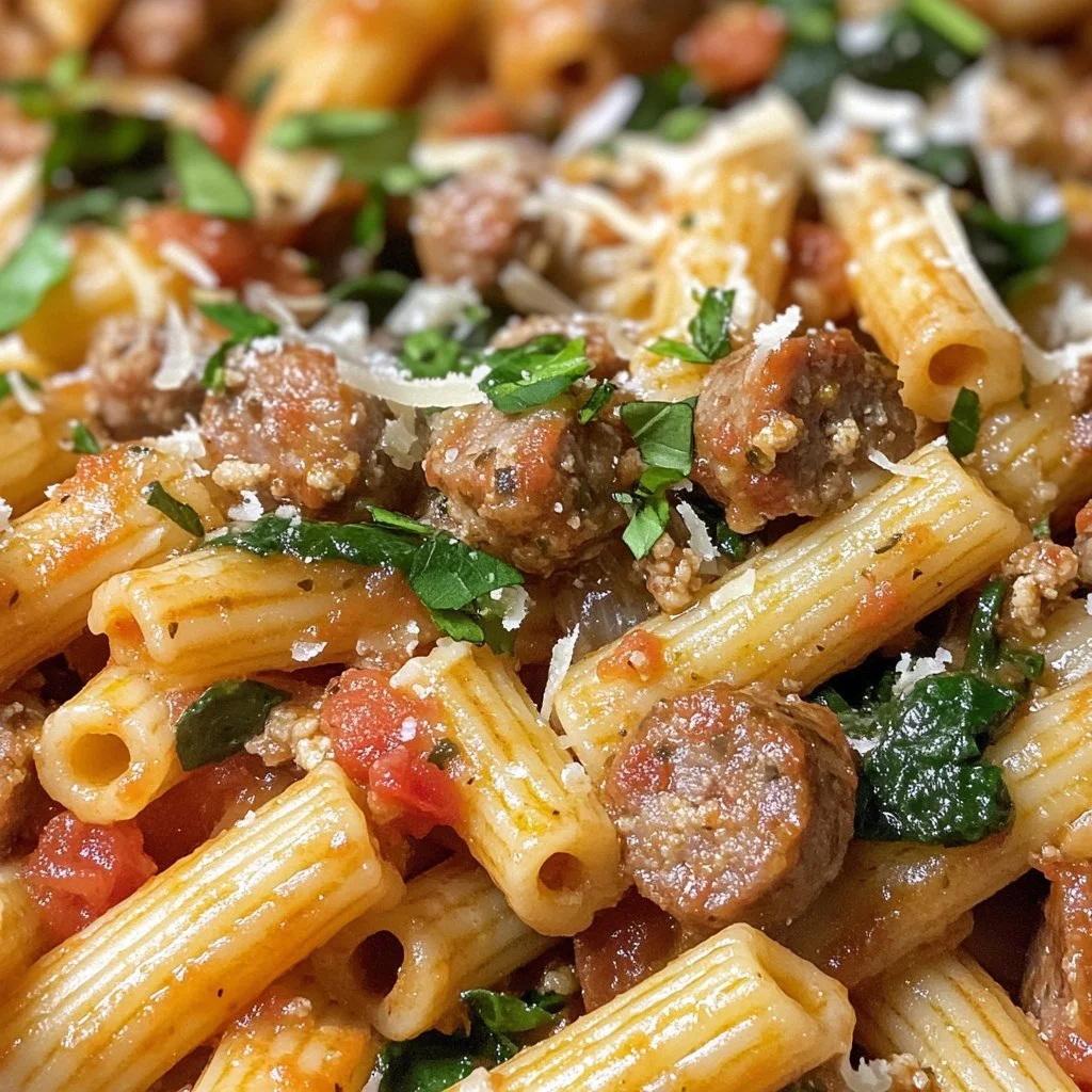 Delicious spicy sausage pasta served in a bowl with herbs and red pepper flakes
