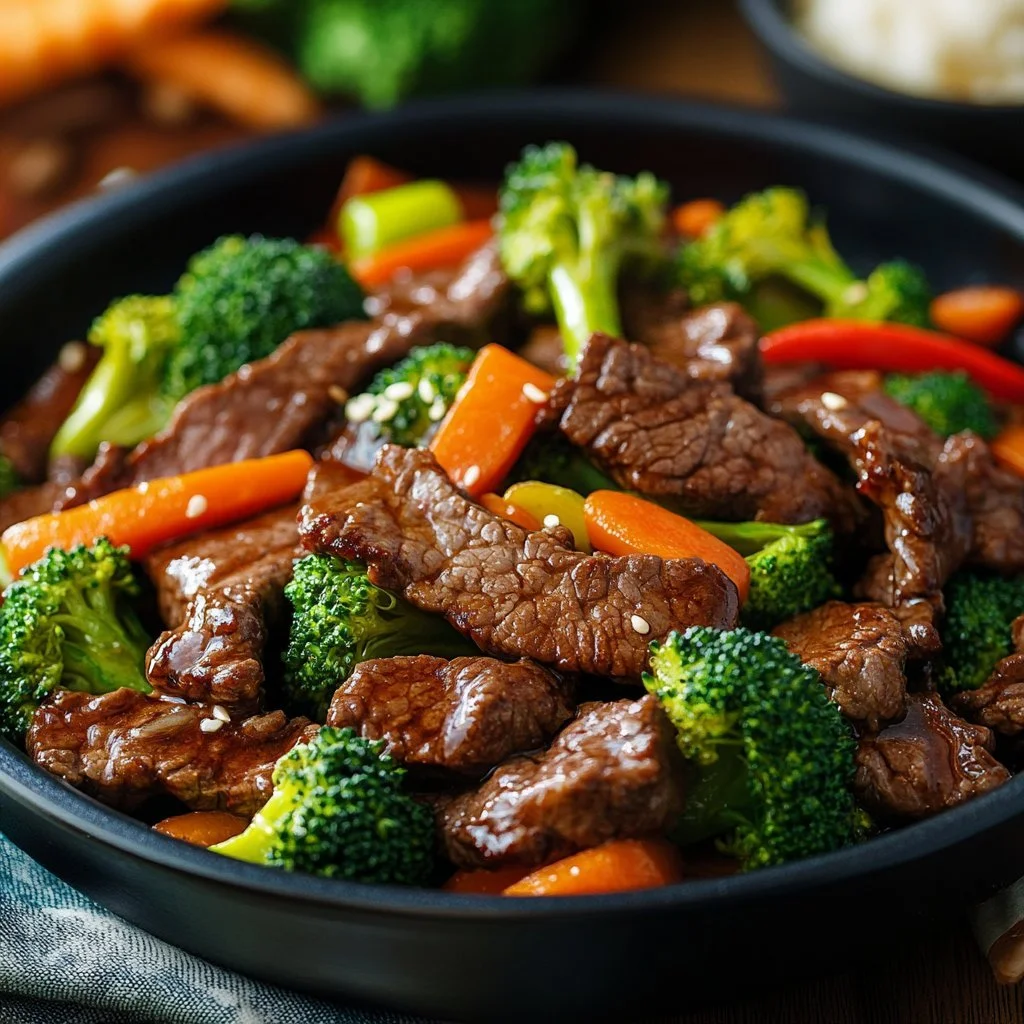 A bowl of vibrant steak stir fry with vegetables and noodles