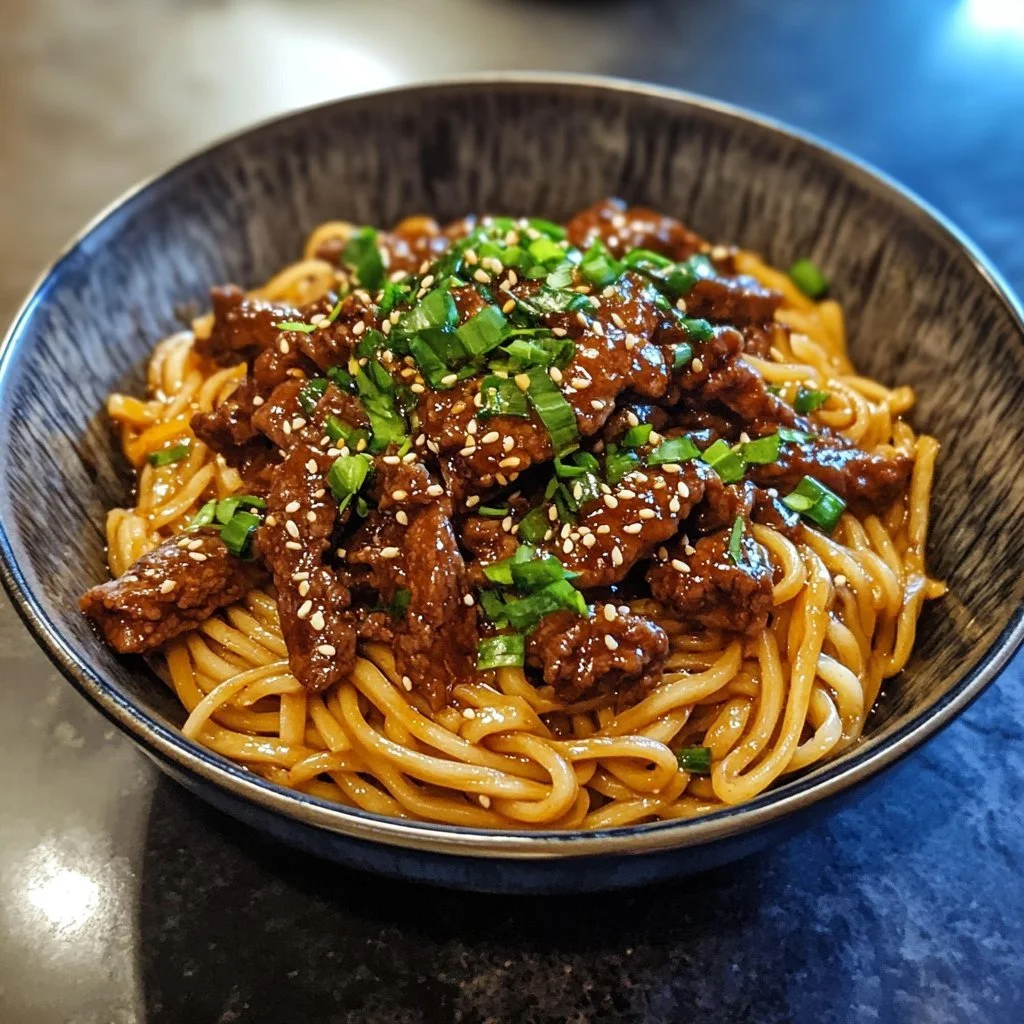 Delicious sticky beef noodles served in a bowl with herbs and spices.