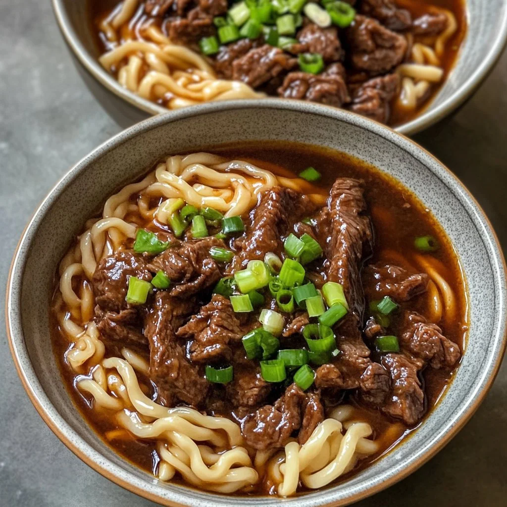 Delicious sticky beef noodles garnished with fresh herbs