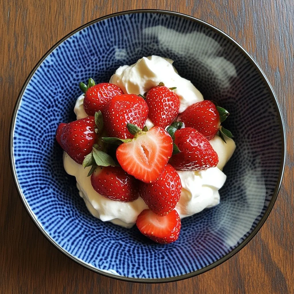 Delicious bowl of strawberries and cream dessert topped with fresh fruit.