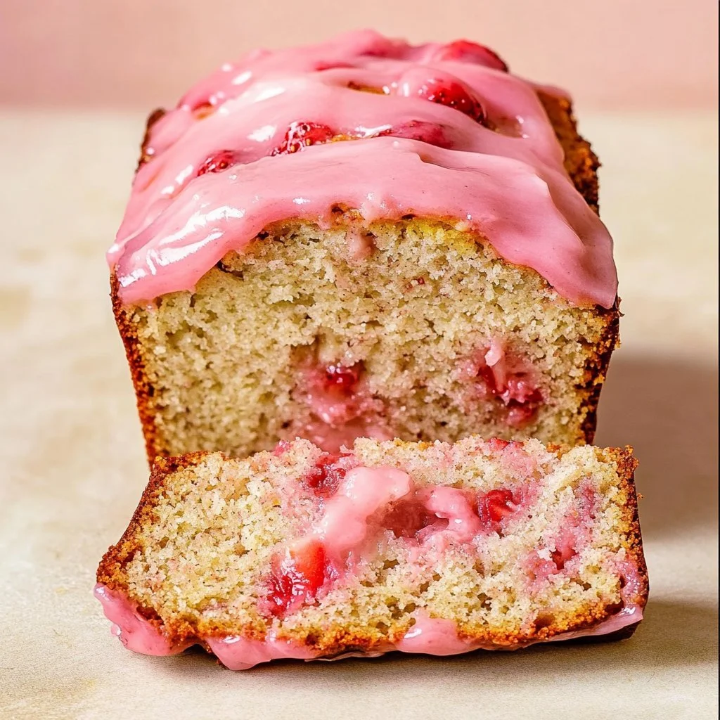 Sliced strawberry banana bread with fresh strawberries and bananas