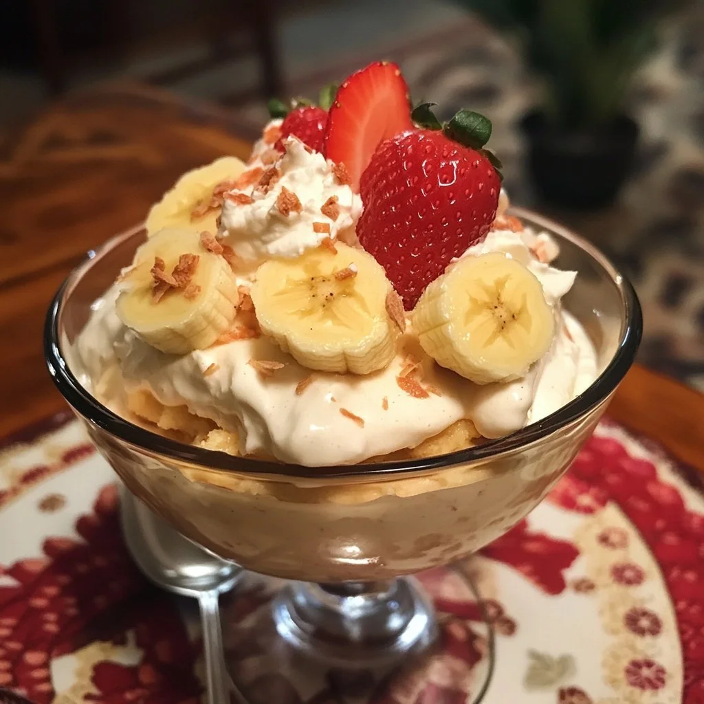 Delicious Strawberry Banana Pudding served in a glass bowl with fresh strawberries