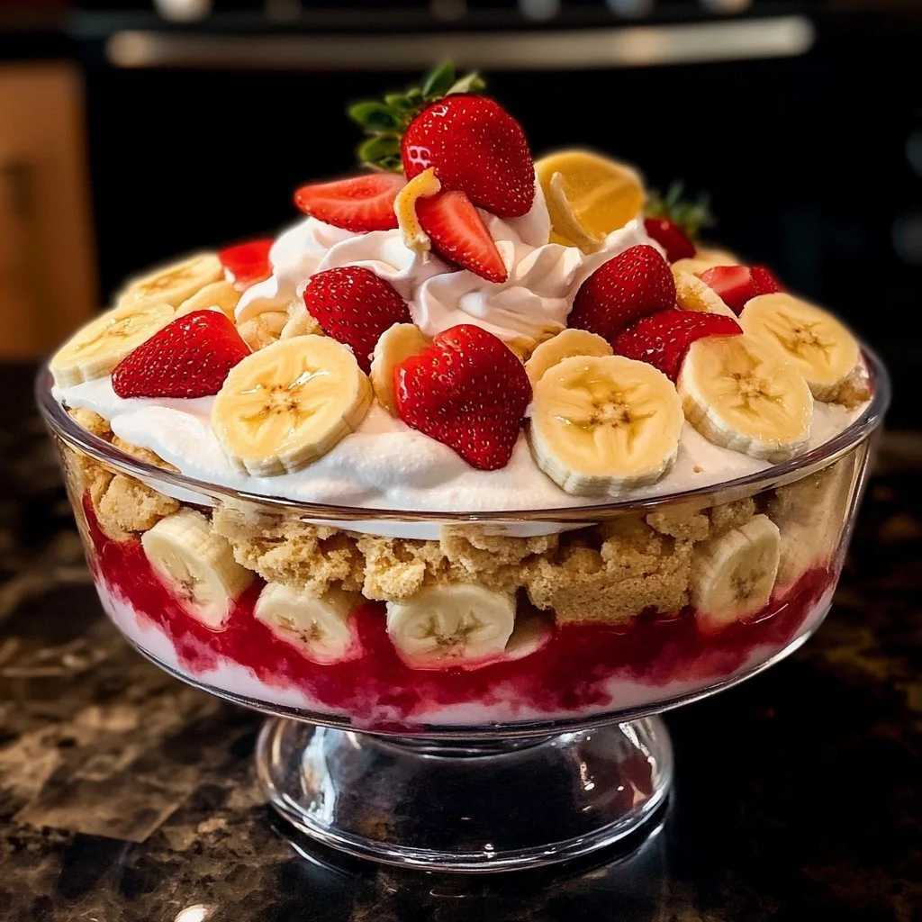 Delicious strawberry banana pudding served in a glass bowl
