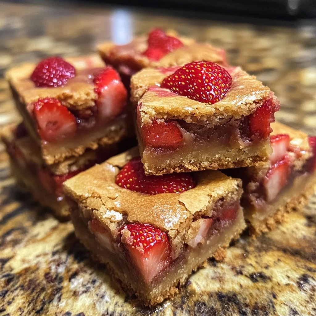 Delicious strawberry blondies topped with fresh strawberries and a golden crust.