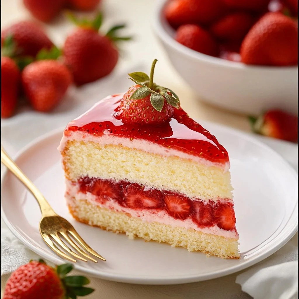 Homemade strawberry cake with luscious filling and fresh strawberries on top