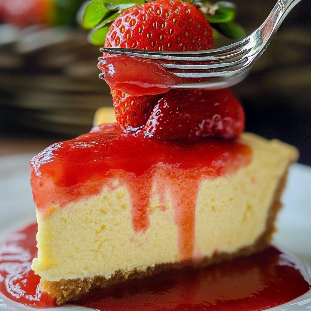 Delicious slice of strawberry cheesecake topped with fresh strawberries