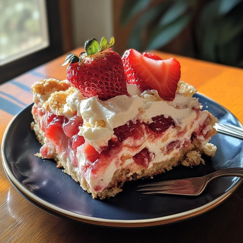 Delicious Strawberry Cheesecake Dump Cake topped with fresh strawberries.