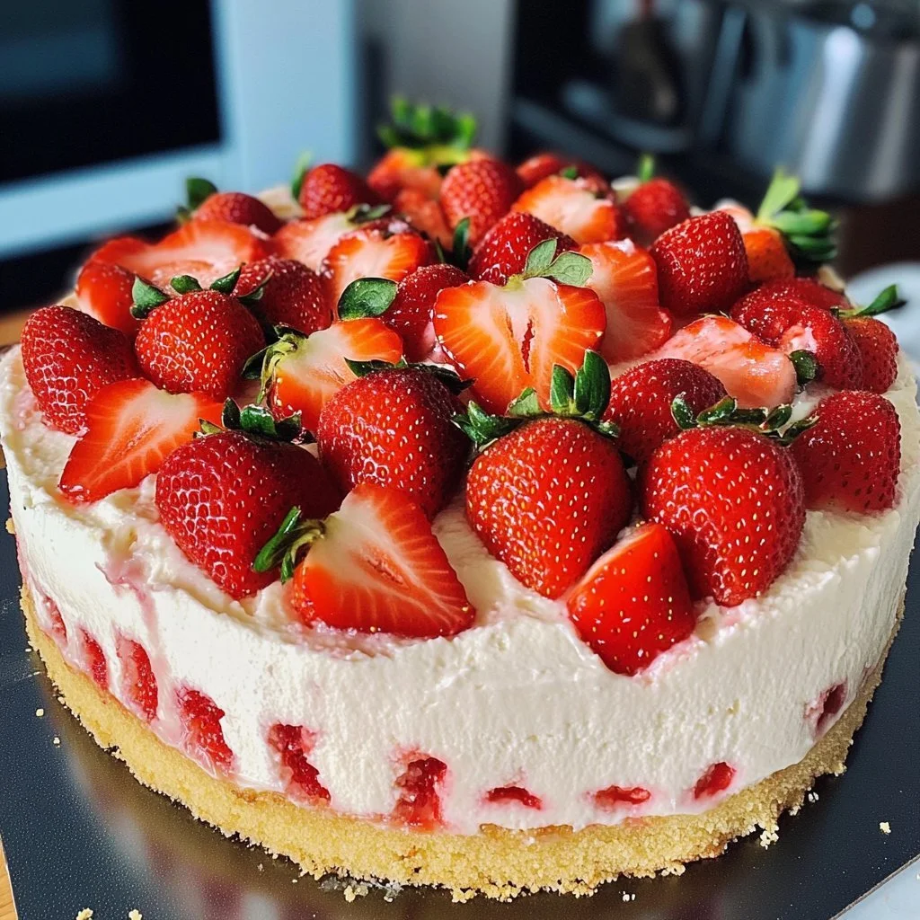 Delicious strawberry cheesecake poke cake topped with fresh strawberries and cream.