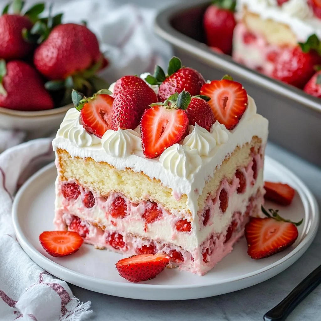 Delicious Strawberry Cheesecake Poke Cake with fresh strawberries on top