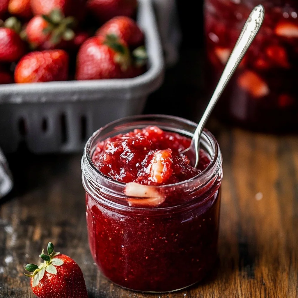 Delicious homemade strawberry compote served in a jar with fresh strawberries