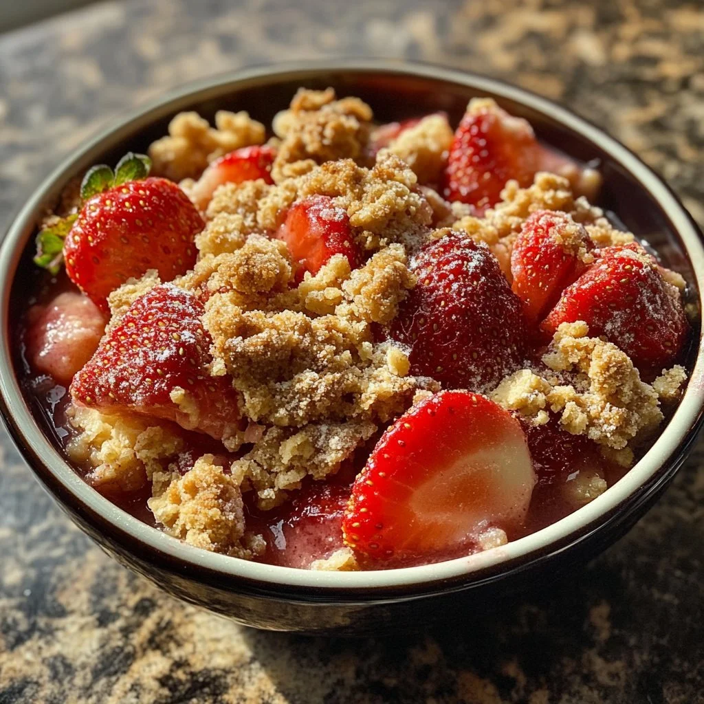 Freshly baked strawberry crumble dessert in a rustic dish