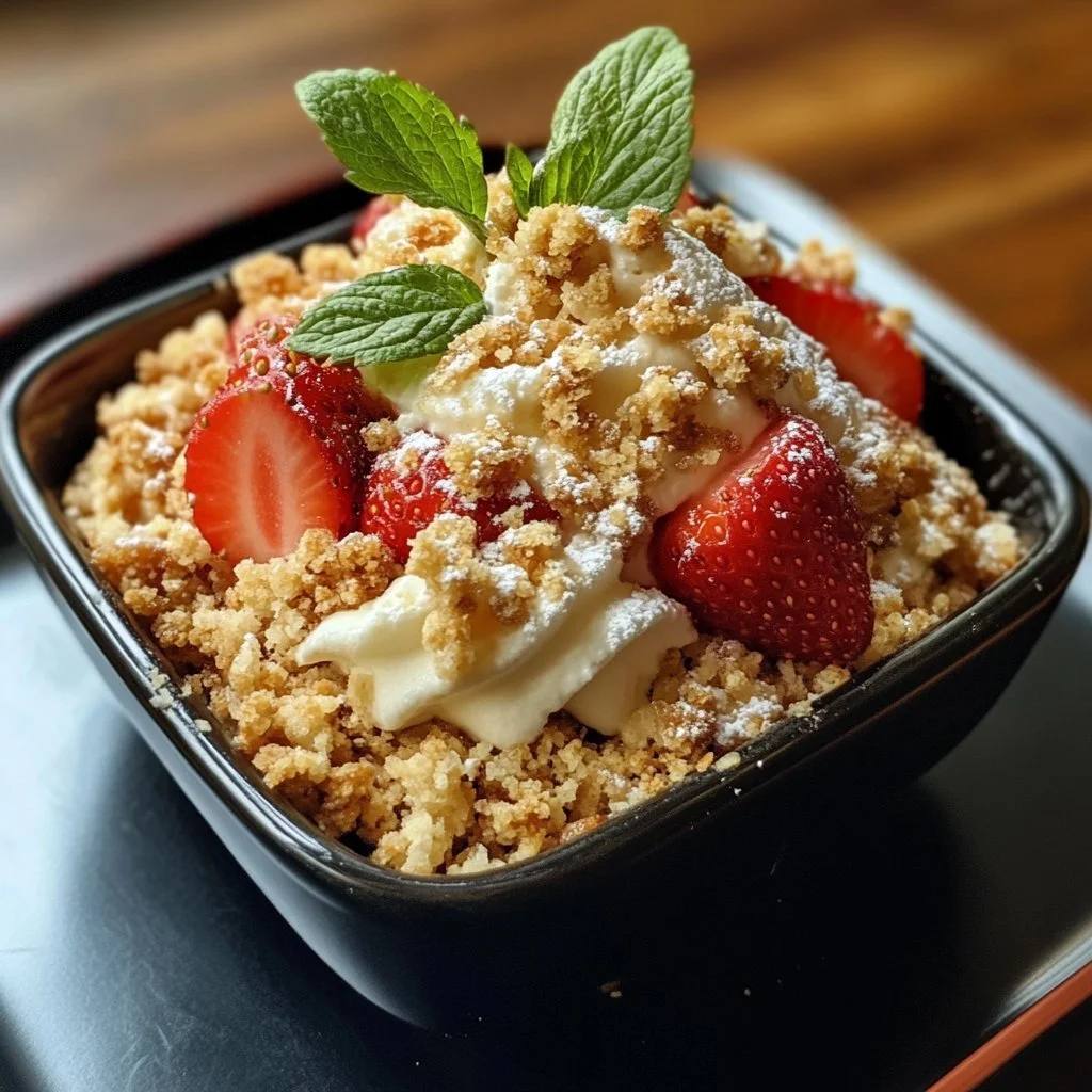 Delicious strawberry crumble dessert topped with a crunchy, golden crumble.
