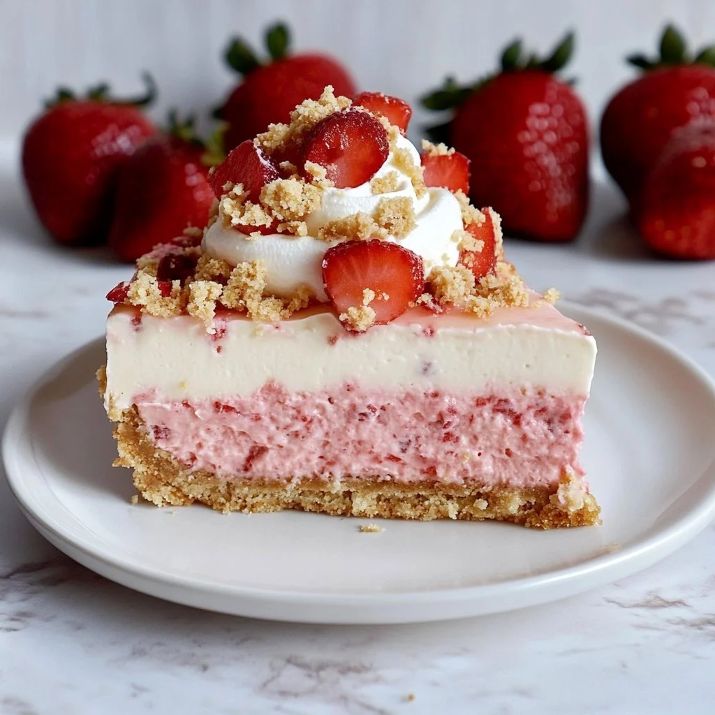 Delicious Strawberry Crunch Cheesecake topped with crunchy strawberry layers.