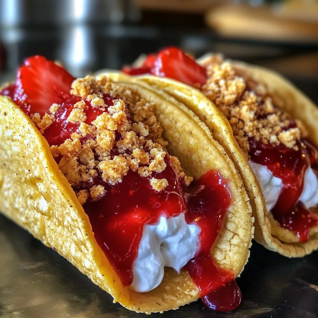 Strawberry Crunch Cheesecake Tacos served on a plate with fresh strawberries