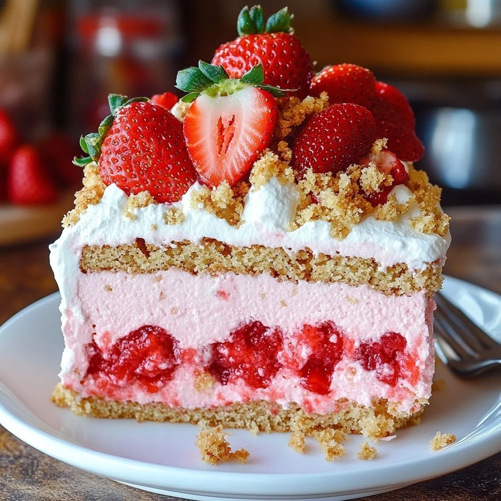 Delicious Strawberry Crunch Poke Cake topped with strawberry crumbs and whipped cream