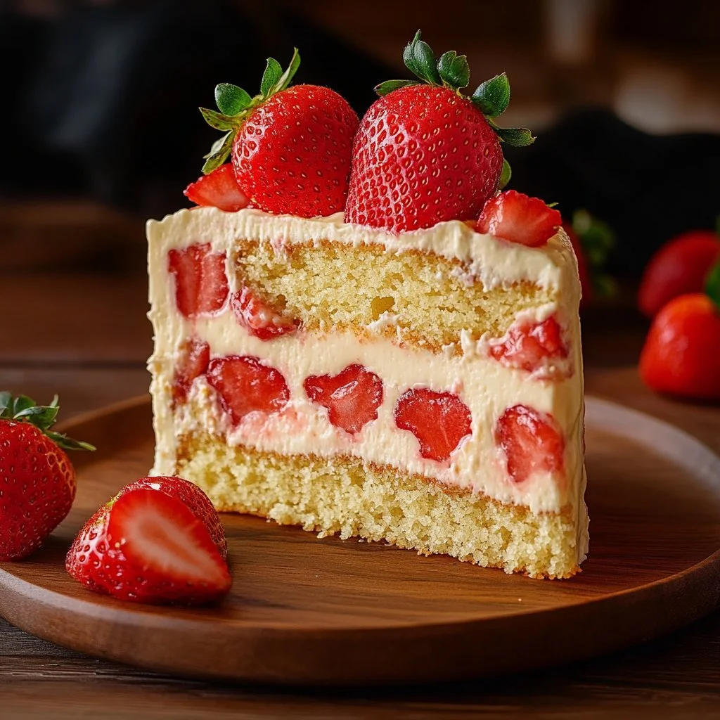 Delicious Strawberry Custard Cake adorned with fresh strawberries and custard cream