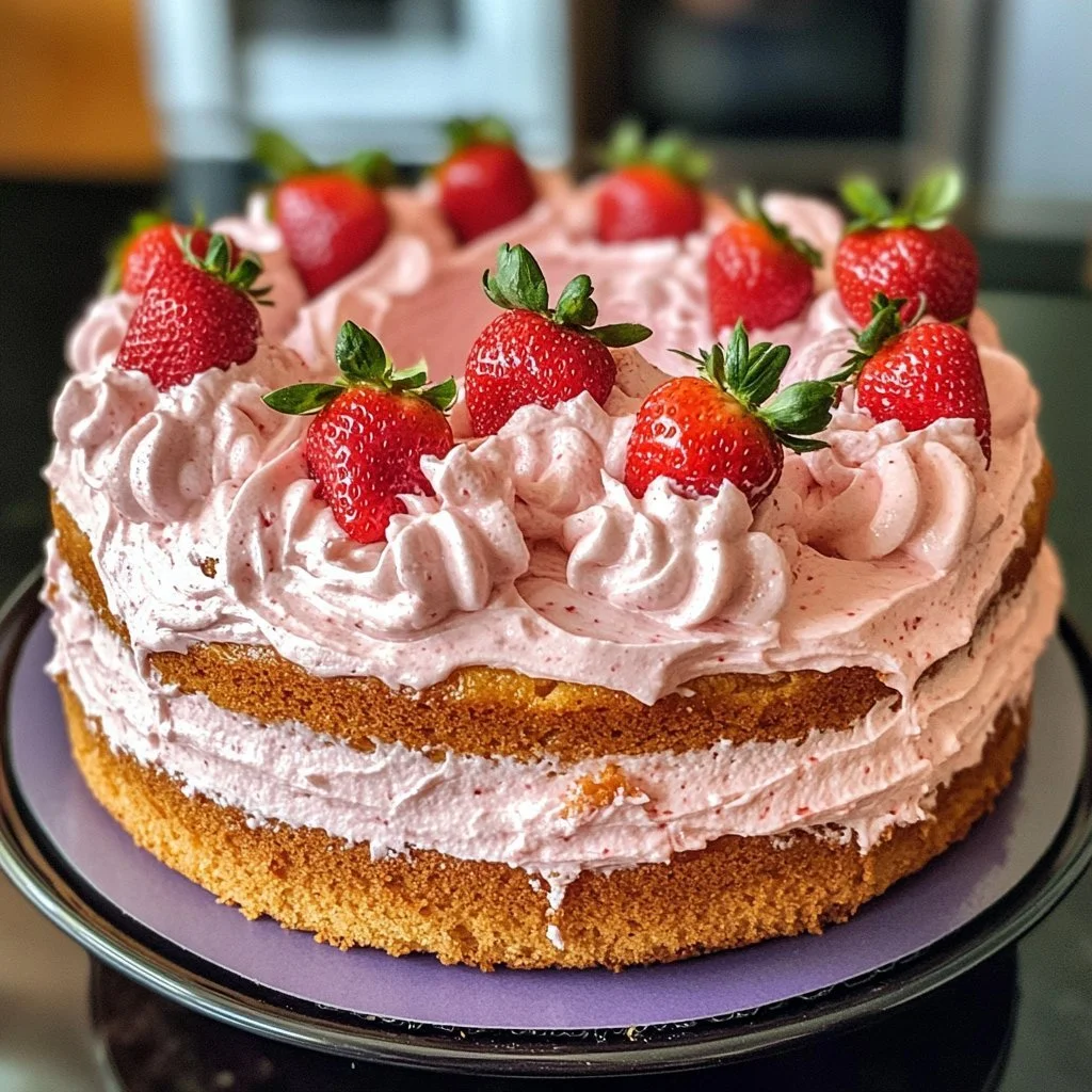 Delicious Strawberry Honeybun Cake with creamy strawberry icing on top.