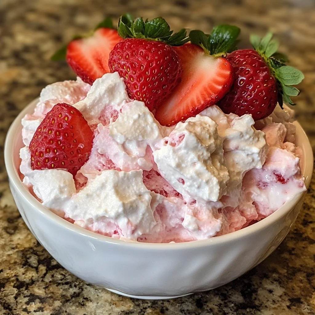Delicious Strawberry Jelly Fluff Salad served in a bowl with whipped cream and strawberries.