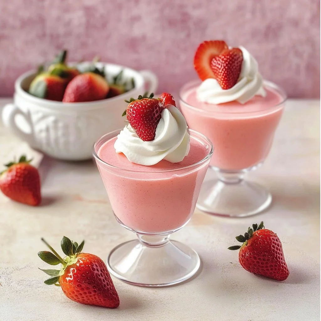 Delicious homemade strawberry mousse in a glass, garnished with fresh strawberries.