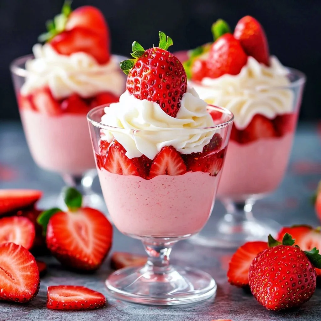 Delicious homemade strawberry mousse topped with fresh berries