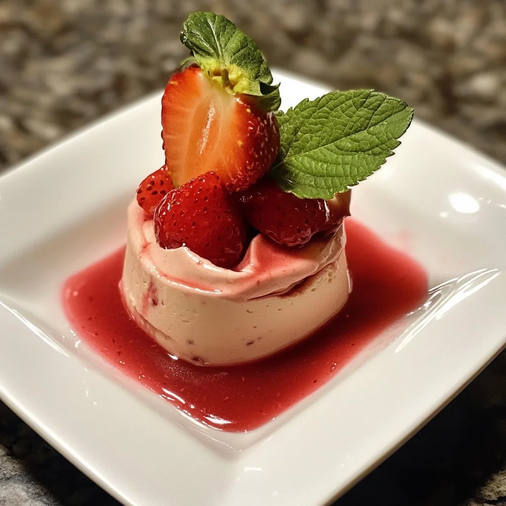 Delicious strawberry mousse garnished with homemade strawberry sauce