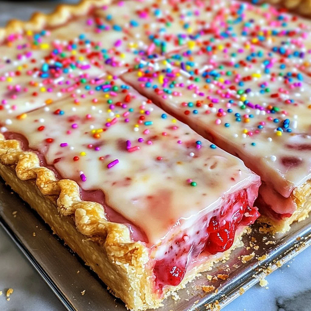 Strawberry Pop Tart Slab Pie with delicious frosting and fresh strawberries