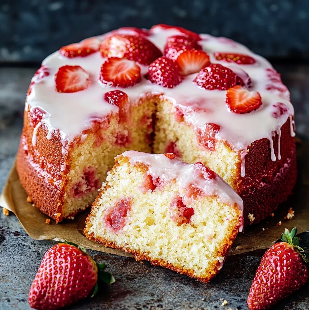 Delicious strawberry pound cake garnished with fresh strawberries and cream