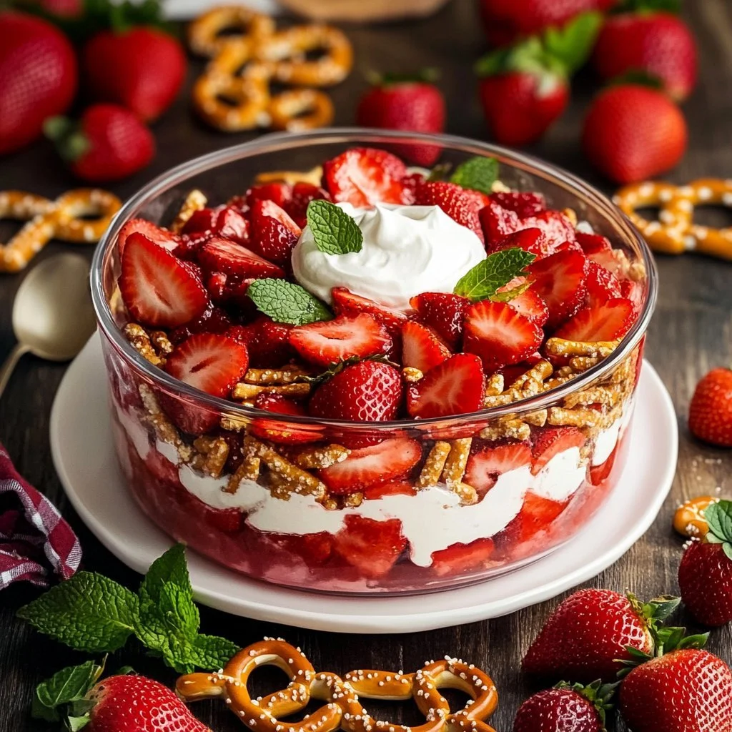 Delicious Strawberry Pretzel Salad in a glass bowl with vibrant strawberries.