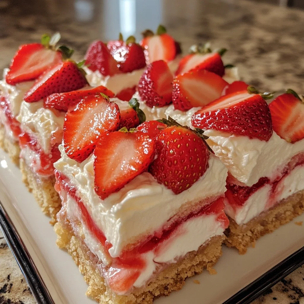 Delicious Strawberry Shortcake Bars served on a plate with fresh strawberries