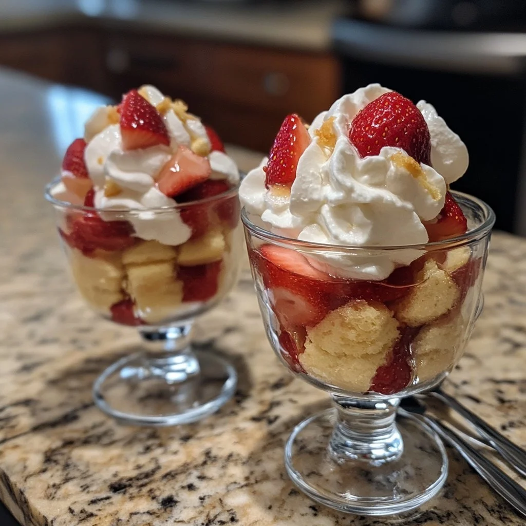 Strawberry Shortcake Trifles layered with strawberries and cream in a glass