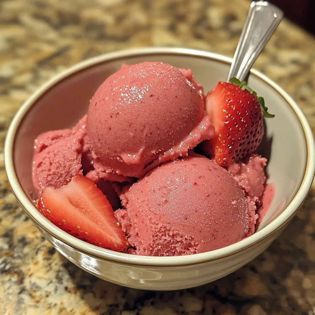 Delicious bowl of homemade Strawberry Sorbet with fresh strawberries