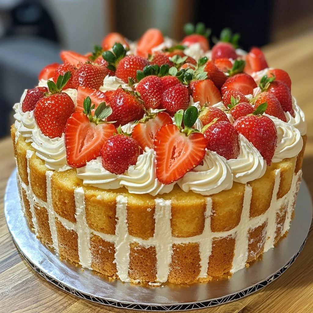 Delicious strawberry sponge cake topped with fresh strawberries and cream