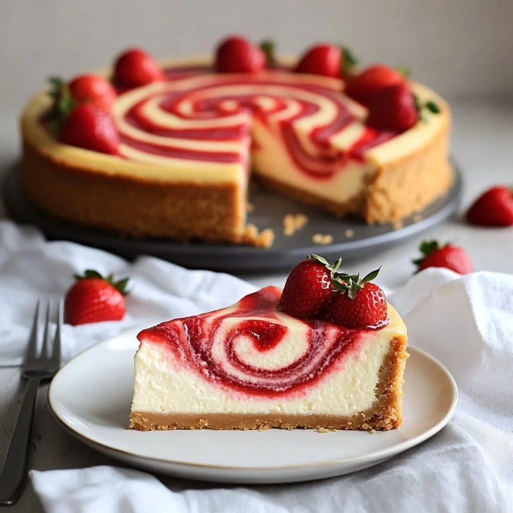 Slice of strawberry swirl cheesecake with fresh strawberries on top