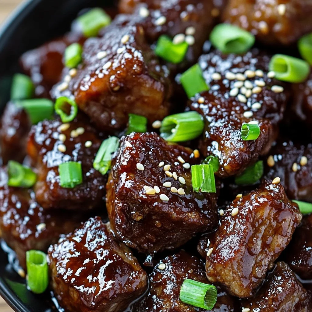 Delicious sweet and sticky steak bites served on a plate