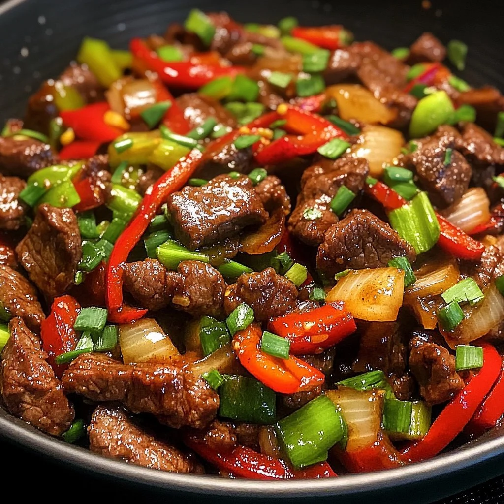 Delicious plate of Szechuan Beef with vibrant vegetables and spices.