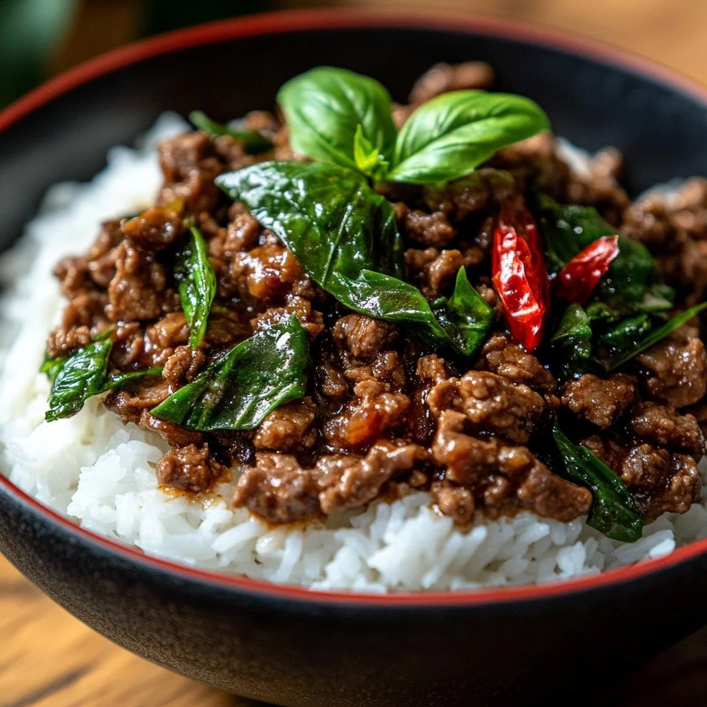 Delicious Thai Basil Beef Stir-Fry with vibrant vegetables and aromatic basil.