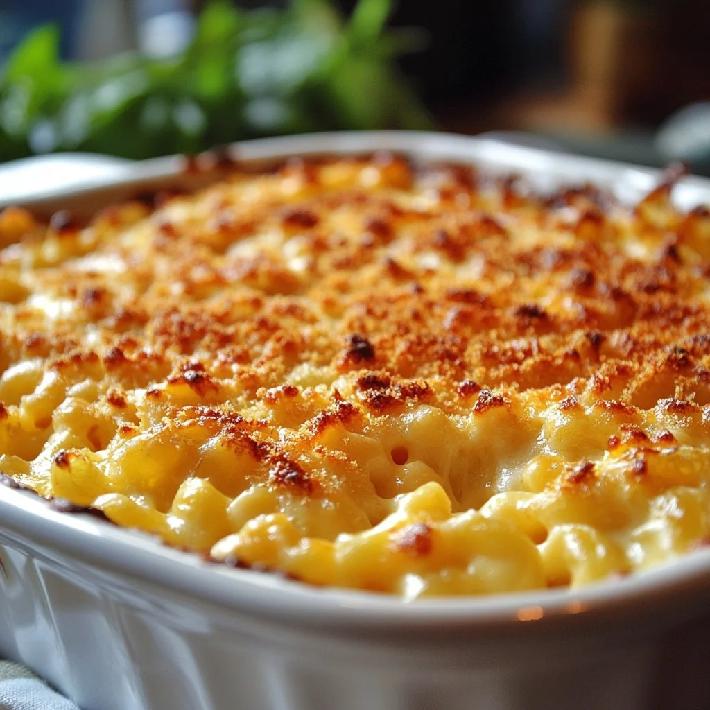 A bowl of Tini's creamy macaroni and cheese topped with breadcrumbs and herbs.