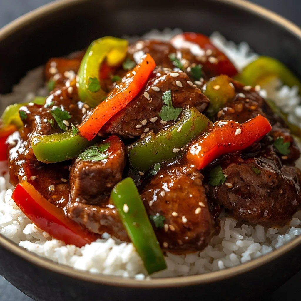 Delicious Vegan Pepper Steak served with vibrant vegetables