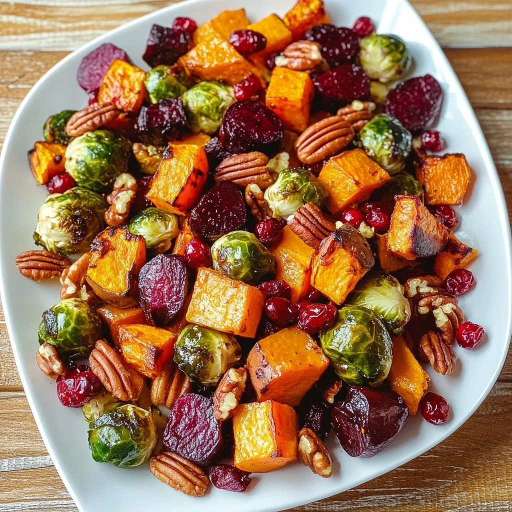 Winter vegetable salad featuring roasted butternut squash, Brussels sprouts, and beetroot
