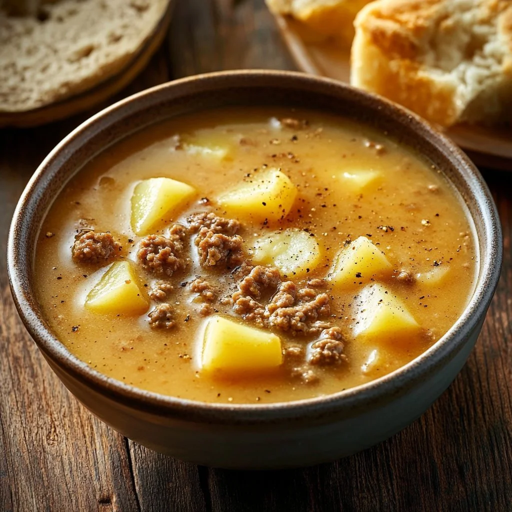 Bowl of Wisconsin-Style Slow Cooker Creamy Potato Soup with beef mince