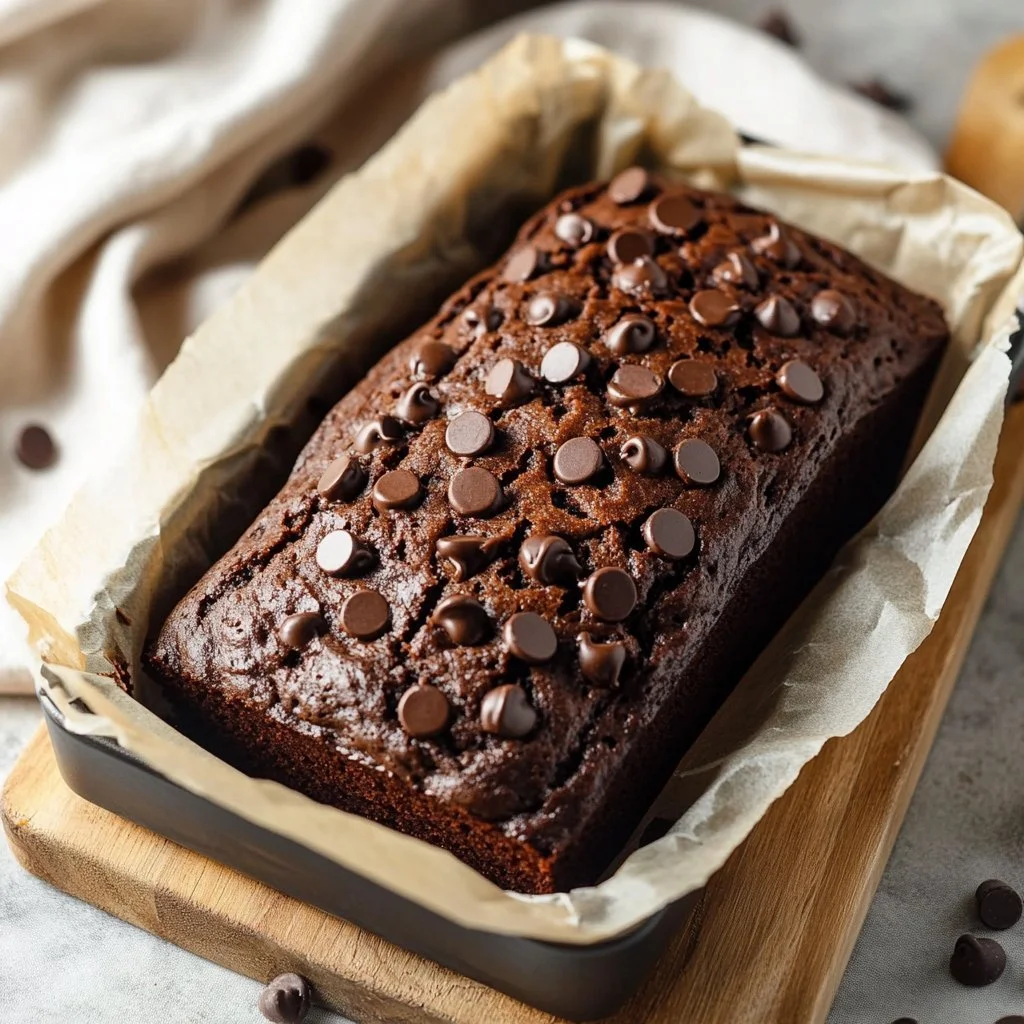 Slice of 100 calorie chocolate banana bread on a plate