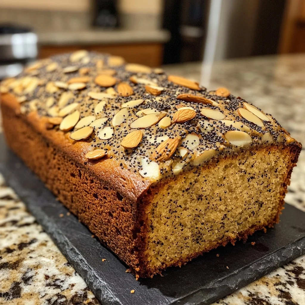 Freshly baked Almond Poppy Seed Loaf Cake topped with almonds and poppy seeds.