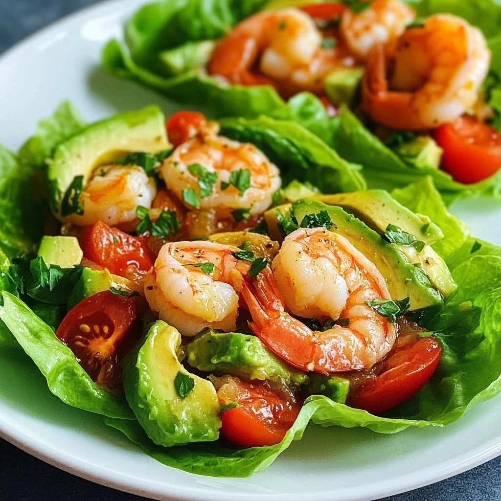 Avocado and prawn lettuce wraps served on a plate, garnished with herbs