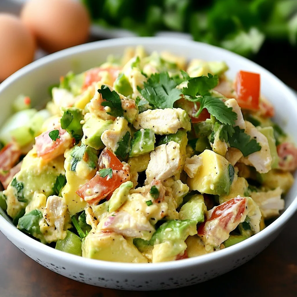 Avocado chicken egg salad served in a bowl, garnished with herbs.